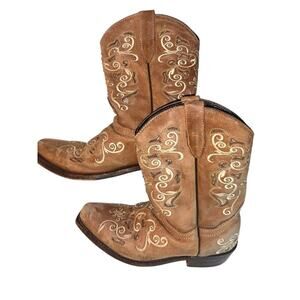 Wild Fables Kids Brown Western Cowboy Boots Embroidered Size 2 Youth Girls